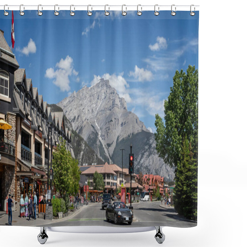 Personality  View Along Banff Avenue Towards Snow Capped Cascade Mountain In Banff, Alberta, Canada On 4 June 2023 Shower Curtains