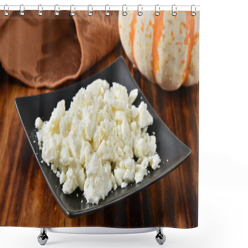 Personality  A Small Dish Of Crumbled Feta Cheese On A Wooden Cutting Board Shower Curtains