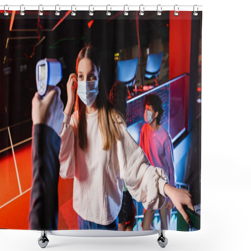 Personality  Teenage Girl In Medical Mask Near Controller With Pyrometer And Friends On Blurred Background Shower Curtains