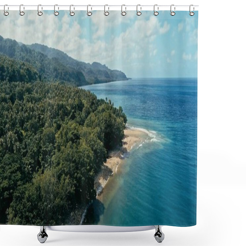 Personality  Aerial Drone Image Of A Remote South Pacific Island With Sandy Beach Shore And Beautiful Ocean Sea Seascape And Lush Tropical Rainforest Jungle Shower Curtains