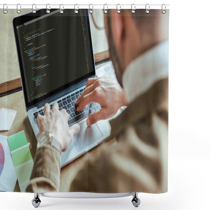 Personality  Cropped View Of Developer Using Laptop At Table  Shower Curtains