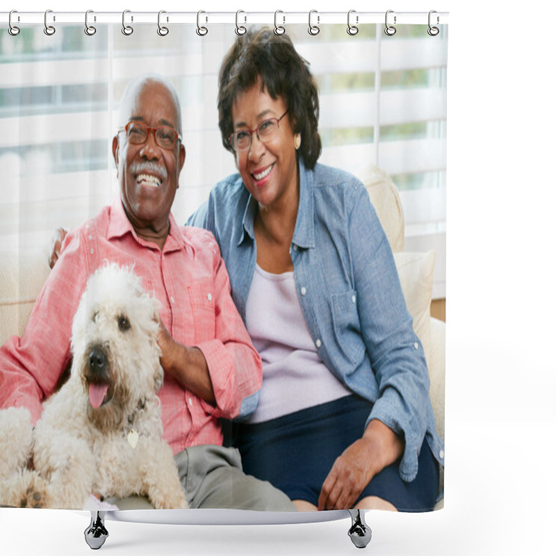 Personality  Happy Senior Couple Sitting On Sofa With Dog Shower Curtains