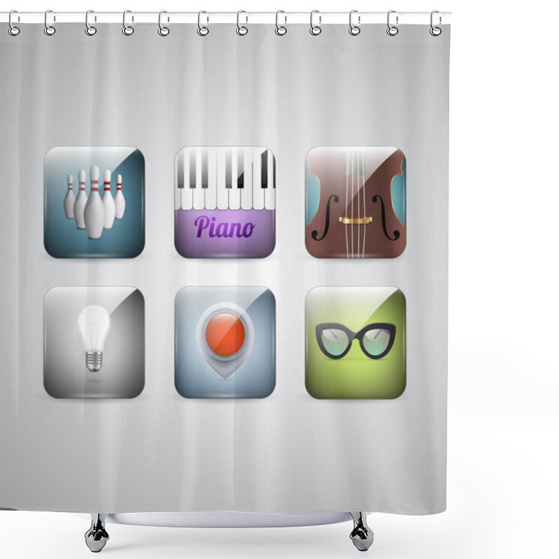 Personality  Vector Set Of Icons - Cello, Piano, Bowling, Glasses, Lamp, Navigation Icon. Shower Curtains