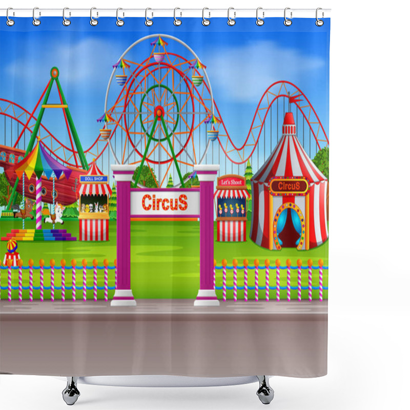 Personality  Amusement Park Scene At Daytime With Many Rides Shower Curtains