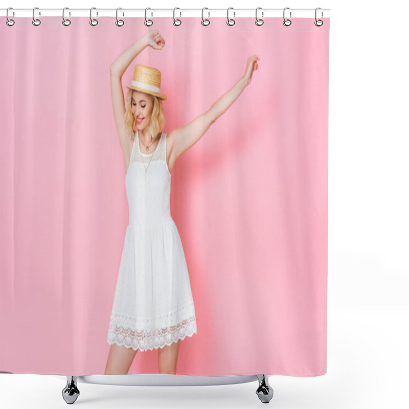 Personality  Young Woman In Straw Hat And Dress With Hands Above Head On Pink  Shower Curtains