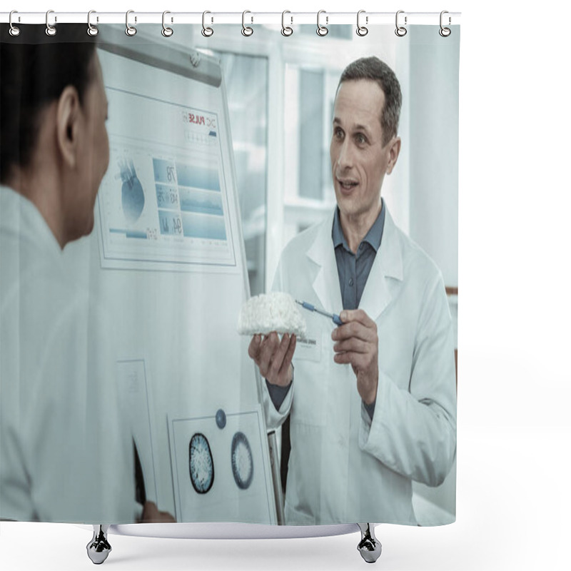 Personality  Surprised Doctor Expressively Explaining Brain Inside Structure Shower Curtains