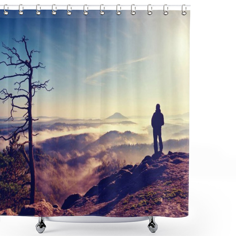 Personality  Sunny Fall Morning. Hiker Is Standing On The Peak Of Rock In Rock Empires Park Shower Curtains