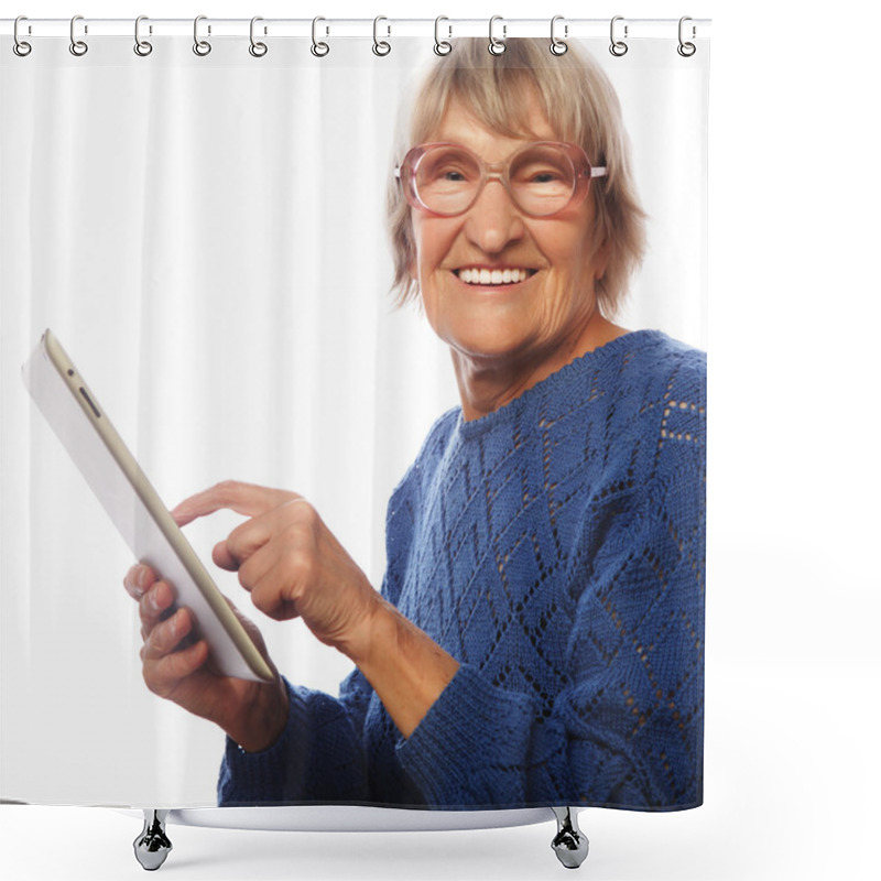 Personality  Senior Happy Woman Using Ipad   Shower Curtains