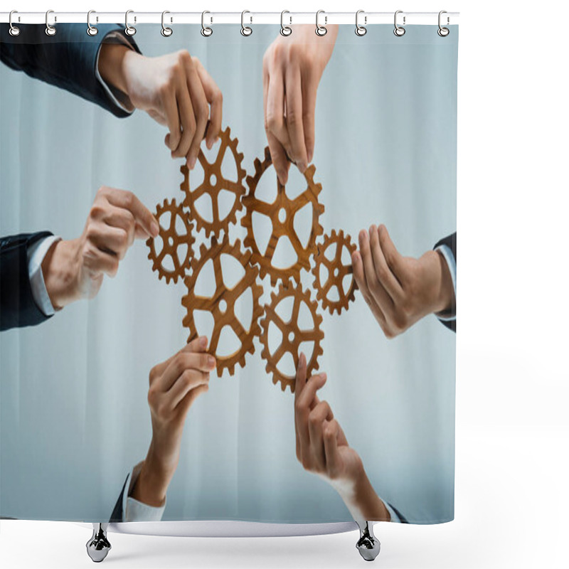 Personality  Business Team Joining Cogwheel In Circular Together Symbolize Successful Group Of Business Partnership And Strong Collective Teamwork Unity In Workplace Community With Productive Efficiency. Shrewd Shower Curtains