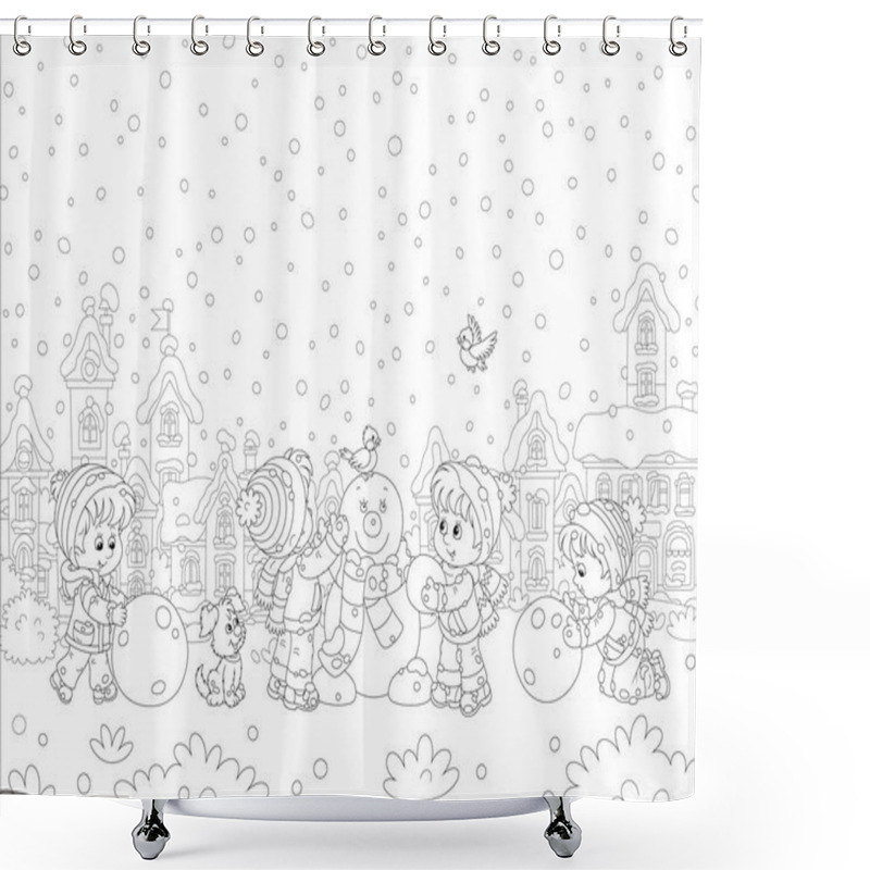 Personality  Happy Little Kids Making Big Snow Balls And Sculpting A Funny Snowman With A Striped Scarf On A Winter Playground In A Snowy Park Of A Pretty Small Town, Black And White Vector Cartoon Illustration Shower Curtains