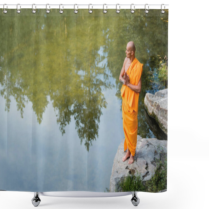 Personality  High Angle View Of Buddhist In Orange Kasaya Meditating With Praying Hands Near Lake Shower Curtains