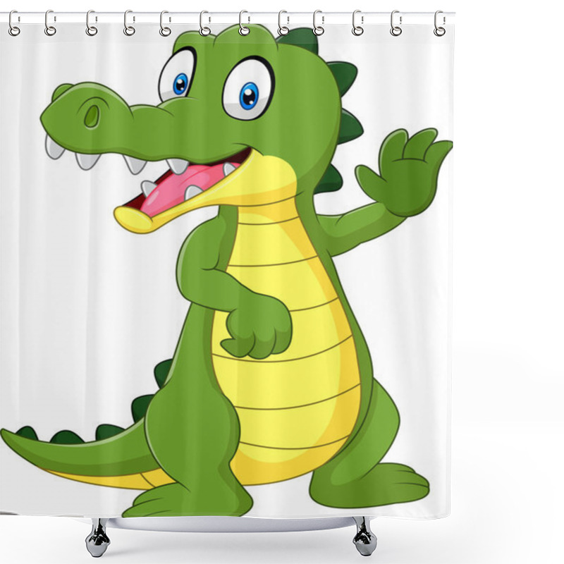 Personality  Cartoon Funny Crocodile Waving Hand Isolated On White Background Shower Curtains