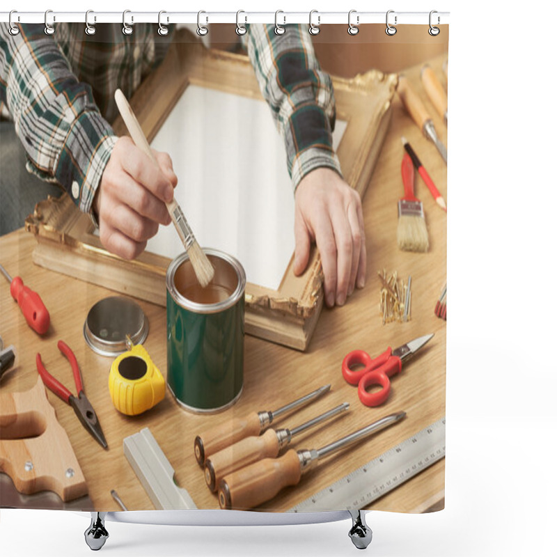 Personality  Decorator Varnishing A Wooden Frame Shower Curtains