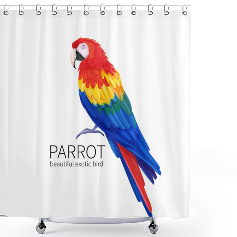 Personality  Vector Parrot. Exotic Tropical Bird Sitting. Bright Illustration Cartoon Style For Summer Tropical Paradise Advertising Vacation Design. Shower Curtains