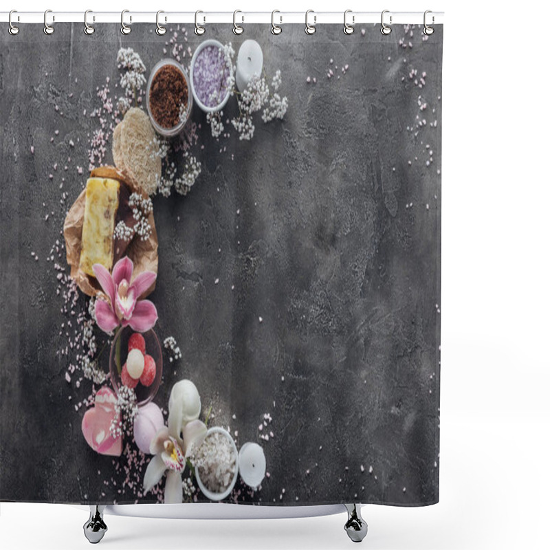 Personality  Top View Of Organic Body Care Accessories On Grey Background Shower Curtains