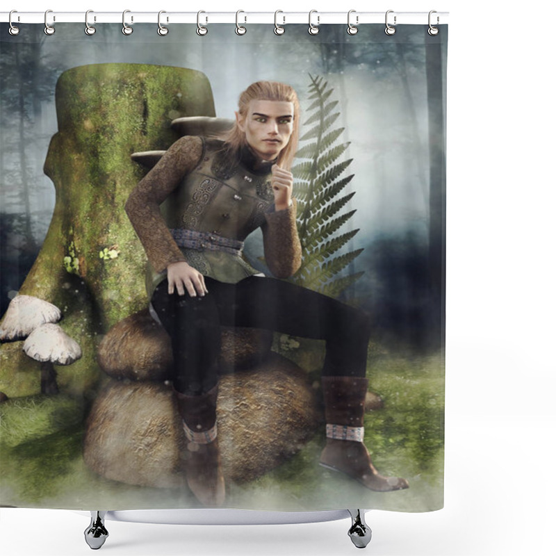 Personality  Fantasy Male Elf Sitting On A Rock Next To A Tree Stump And Mushrooms. 3D Render. Shower Curtains