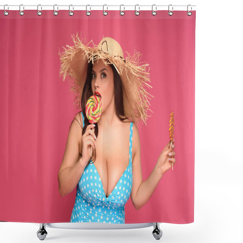 Personality  Beautiful Size Plus Model In Swimsuit Holding Lollipops And Looking At Camera Isolated On Pink Shower Curtains