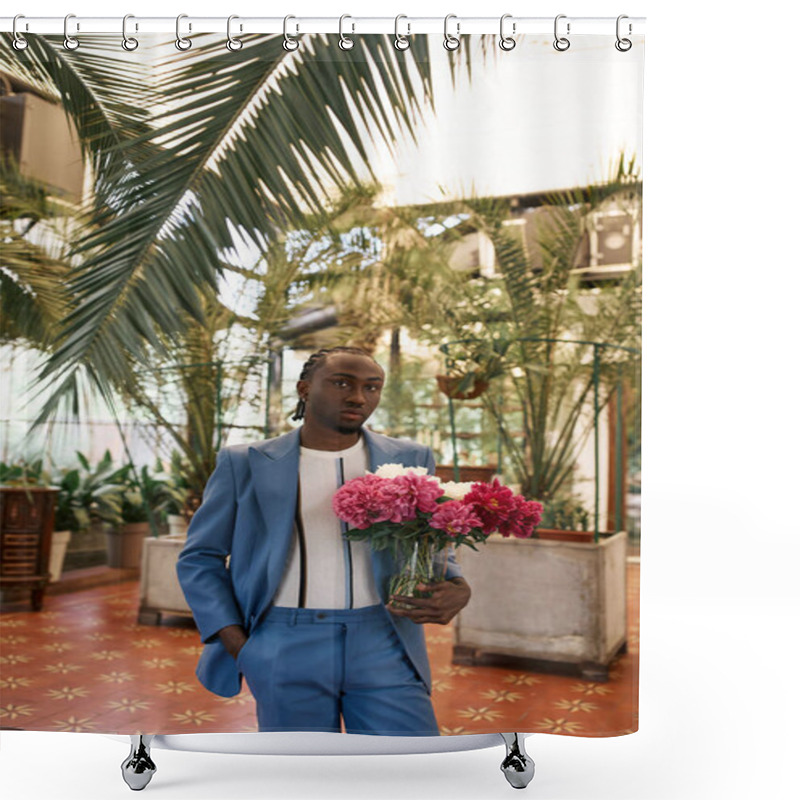 Personality  Handsome African American Man In A Blue Suit Posing With A Bunch Of Flowers In A Vivid Green Garden. Shower Curtains