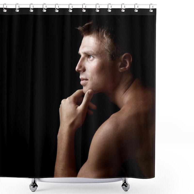 Personality  Shadowy Dark Close-up Portrait Of Young Good Looking Male Model Shower Curtains