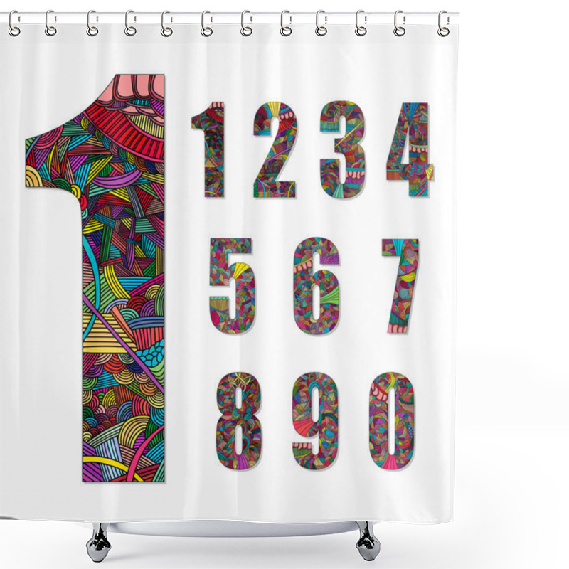 Personality  Set Of Number With Hand Drawn Abstract Doodle Pattern. Shower Curtains