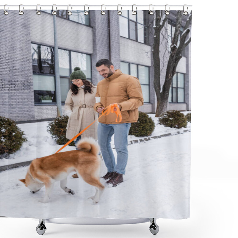 Personality  Cheerful Man Holding Leash While Walking With Girlfriend And Akita Inu Dog Shower Curtains