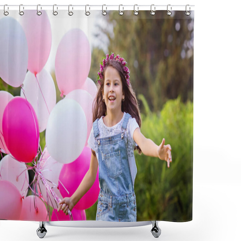 Personality  Laughing Beautiful Girl In Denim Overalls And A Floral Wreath Run To Meet With A Big Bunch Of Pink Balloons. Portrait, Selective Focus.  Shower Curtains