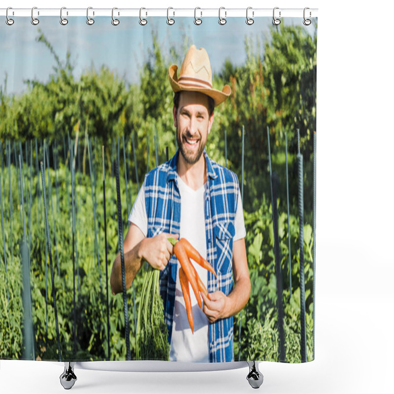 Personality  Smiling Handsome Farmer Holding Organic Carrots In Field At Farm Shower Curtains