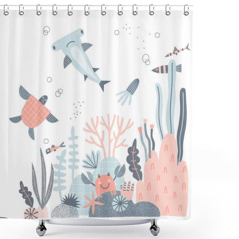 Personality  Cute Hammerhead Sea Turtle Crab Fish Jellyfish Vector Illustration Shower Curtains