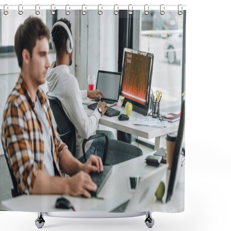 Personality  Back View Of African American Programmer Using Computer With Online Trade On Monitor Near Colleague In Office Shower Curtains