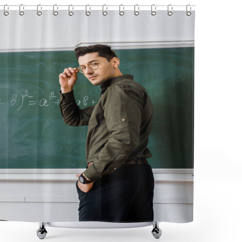 Personality  Handsome Male Teacher Holding Glasses And Looking At Camera In Maths Class Shower Curtains