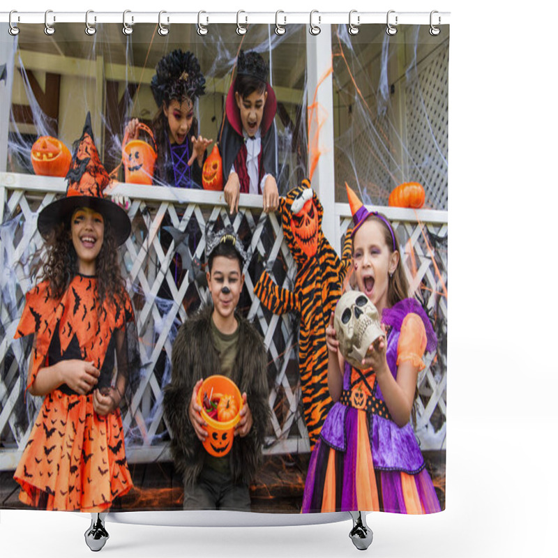 Personality  Asian Boy In Halloween Costume Holding Bucket With Candies Near Friends And Decor In Backyard  Shower Curtains