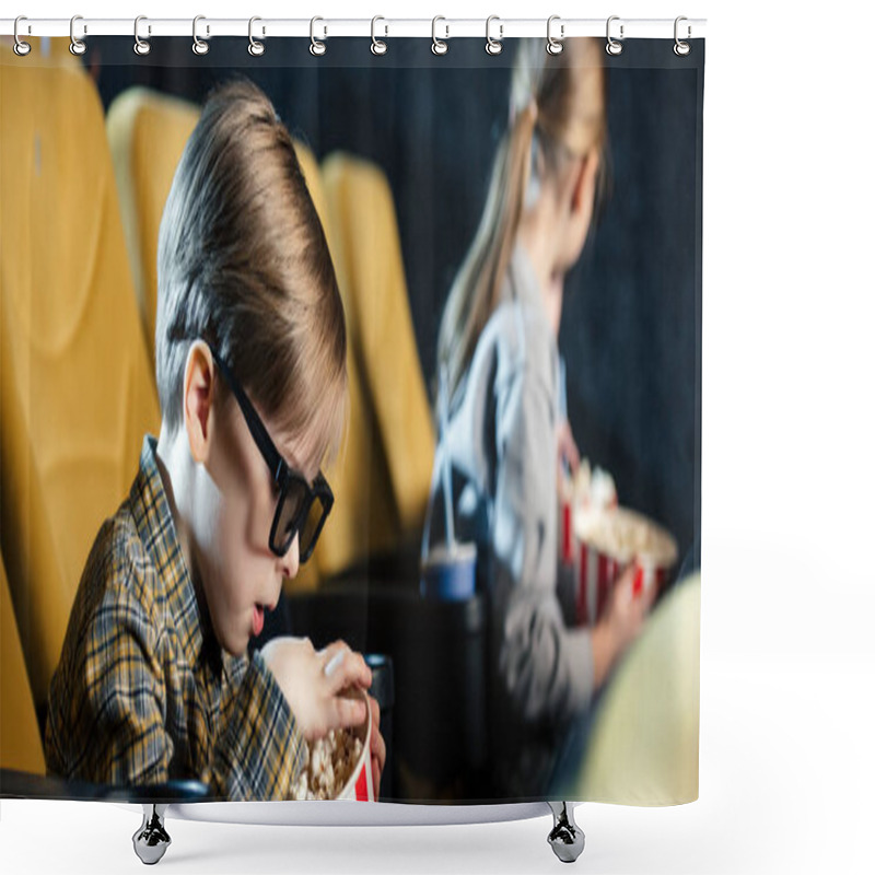 Personality  Panoramic Shot Of Cute Boy In 3d Glasses Eating Popcorn In Cinema Shower Curtains