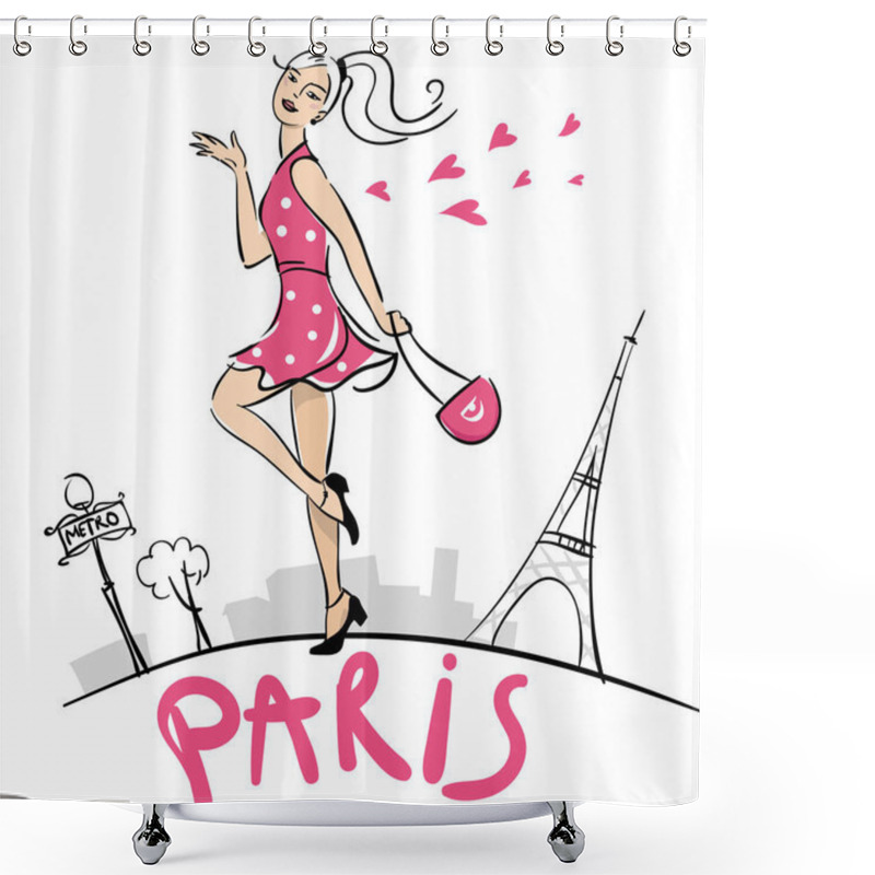 Personality  Girl Walking In Paris. Beautiful Happy Woman Walking At Paris Cityscape. Hand-made Paris Lettering. Shower Curtains