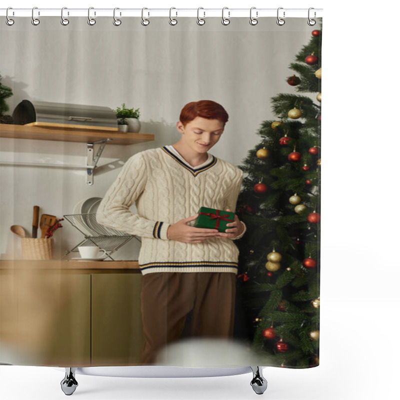 Personality  A Young Man Smiles While Holding A Gift, Surrounded By Festive Decorations And A Christmas Tree. Shower Curtains