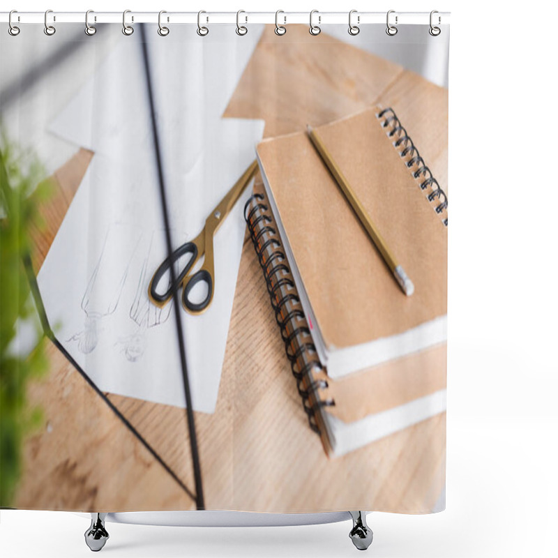 Personality  Sketches Near Scissors And Notebooks On Table  Shower Curtains