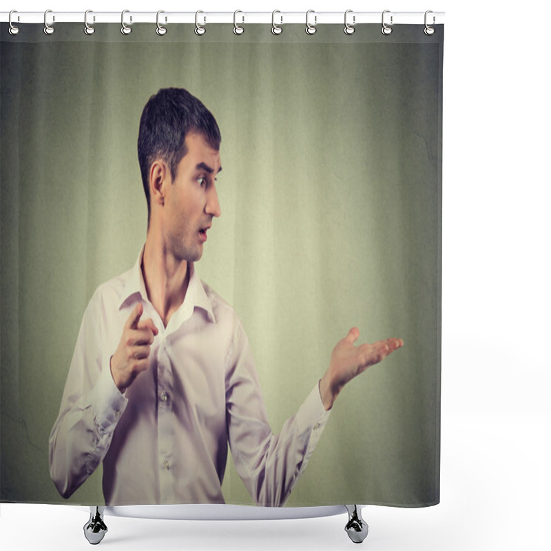 Personality  Young Man Looking To Side While Pointing At You Camera, Surprised Shower Curtains