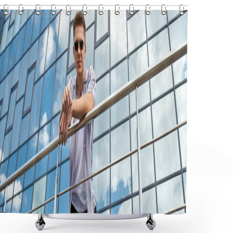 Personality  A Confident Young Man Stands In An Urban Setting And Smiling At Camera. Shower Curtains