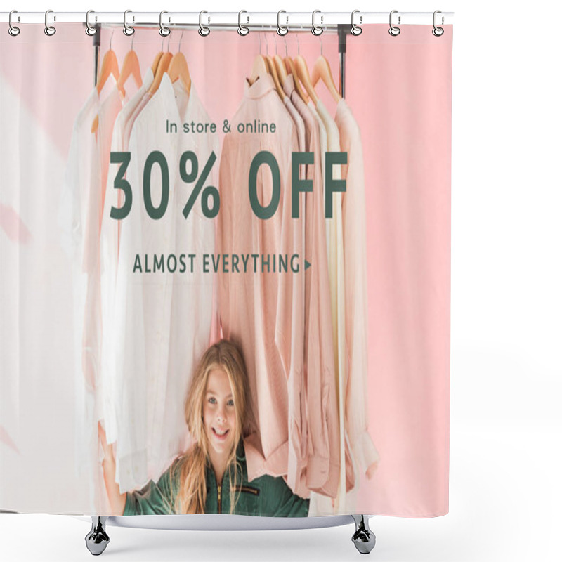 Personality  Cheerful Charming Kid In Trendy Overalls Sitting Under Clothes On Hangers, Store Sale Banner Concept Shower Curtains