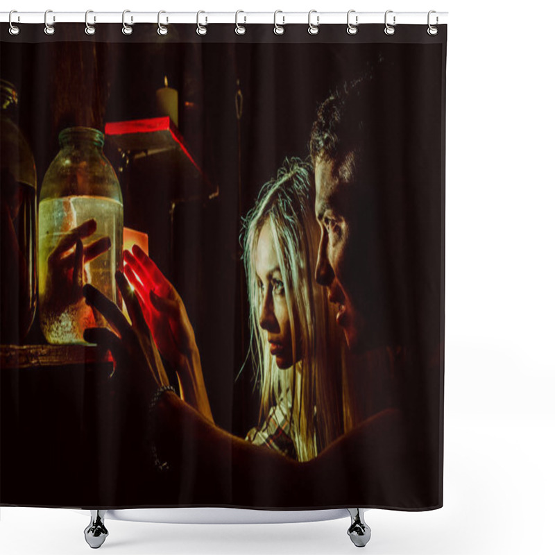 Personality  Frightened Couple Is Looking At The Canned Limbs In The Maniac's Lair. Shower Curtains