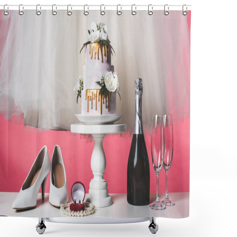 Personality  Pair Of Shoes, Wedding Cake And Champagne Isolated On Pink Shower Curtains