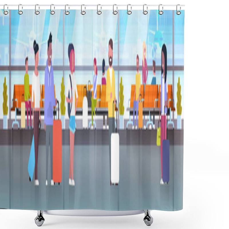 Personality  People In Airport Travelers With Baggage At Waiting Hall Or Departure Lounge Terminal Horizontal Banner Shower Curtains