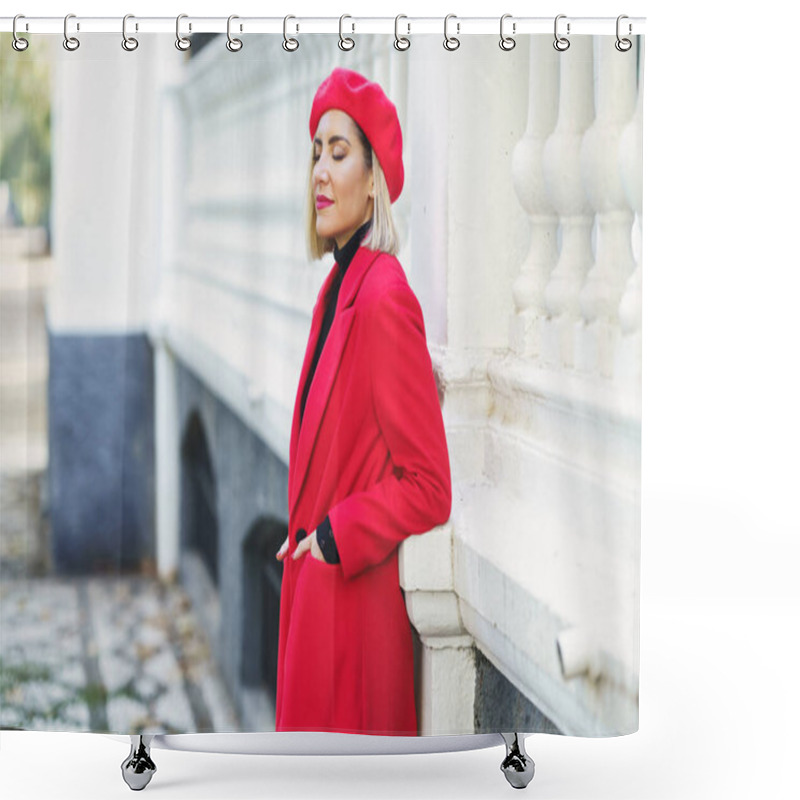 Personality  Fashionable Woman Near White Fence In Urban Background Shower Curtains