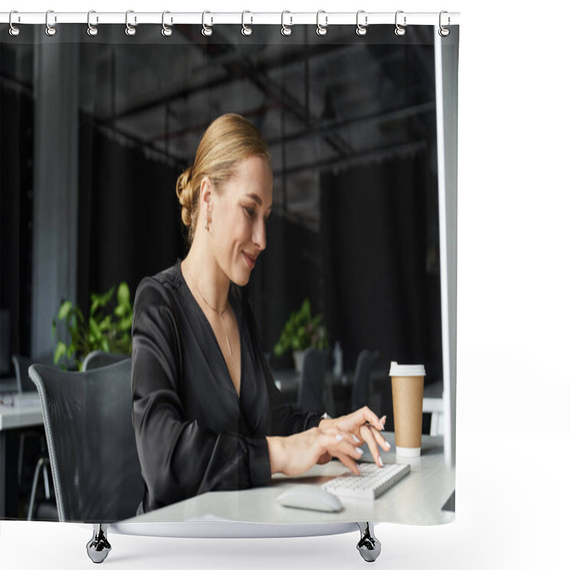 Personality  A Confident Plus Size Woman Focuses On Her Tasks At The Office, Enjoying Her Coffee Break. Shower Curtains