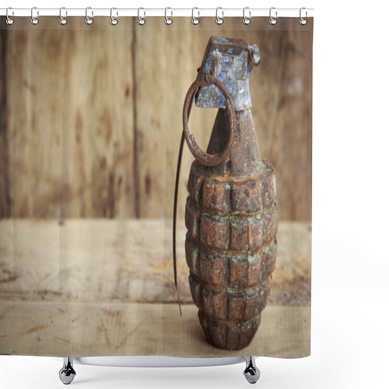 Personality  Grenade On Old Wood For Background And Texture  Shower Curtains