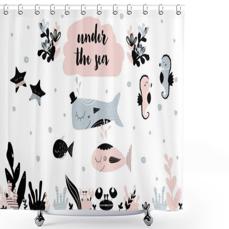 Personality  Card With Calligraphy Lettering Under The Sea And Composition In Scandinavian Style. Vector Illustration Shower Curtains