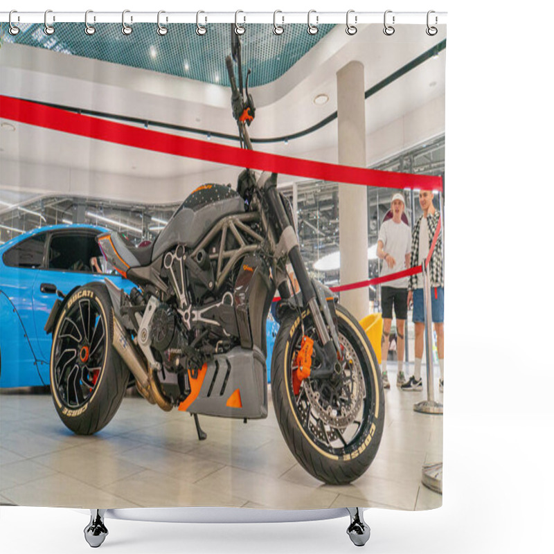 Personality  A Futuristic-looking Motorcycle Is Displayed In An Indoor Exhibition Or Showroom, With A Sleek Black Design And Orange Accents On The Wheels And Frame Kyiv, Ukraine 06-06-2024 Shower Curtains