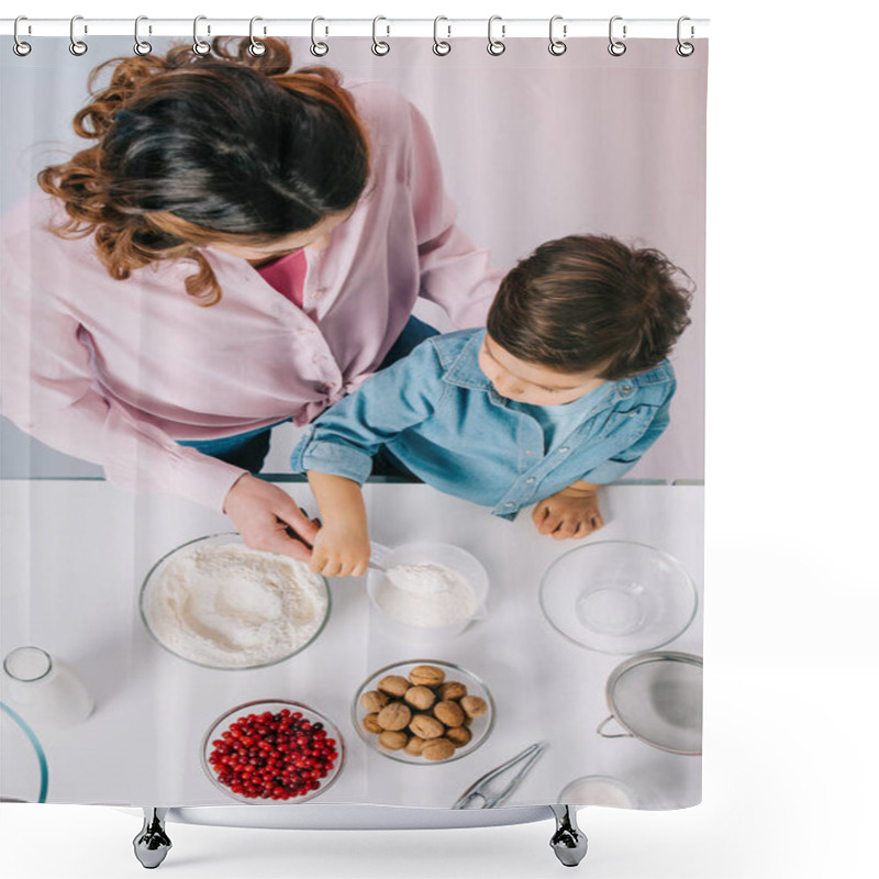 Personality  Top View Of Mother And Little Son Pouring Flour Into Measuring Cup Together On Light Background Shower Curtains