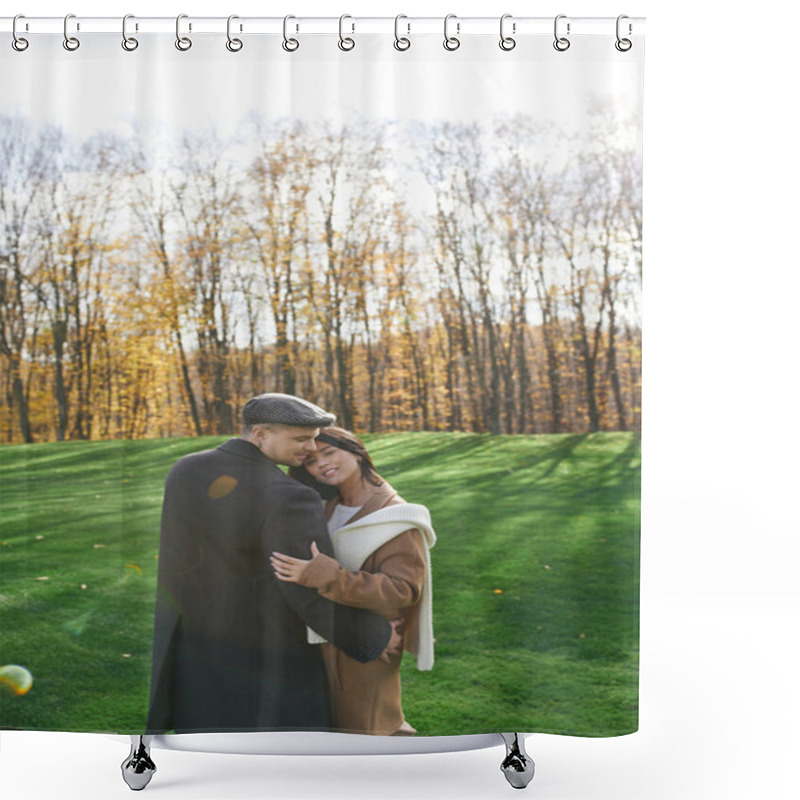 Personality  A Couple Embraces Warmly, Surrounded By Vibrant Autumn Foliage In A Serene Landscape. Shower Curtains