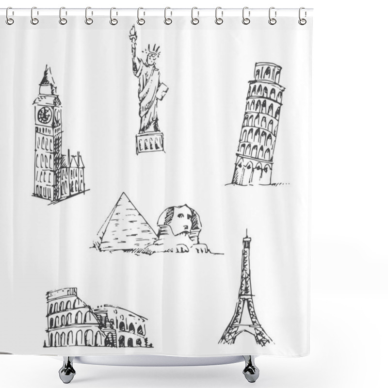 Personality  Doodle Travel Set. World Famous Landmarks Shower Curtains