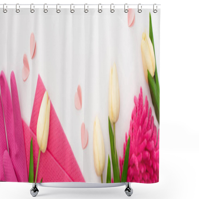 Personality  Top View Of Spring Tulips And Pink Cleaning Supplies On White Background, Panoramic Shot Shower Curtains